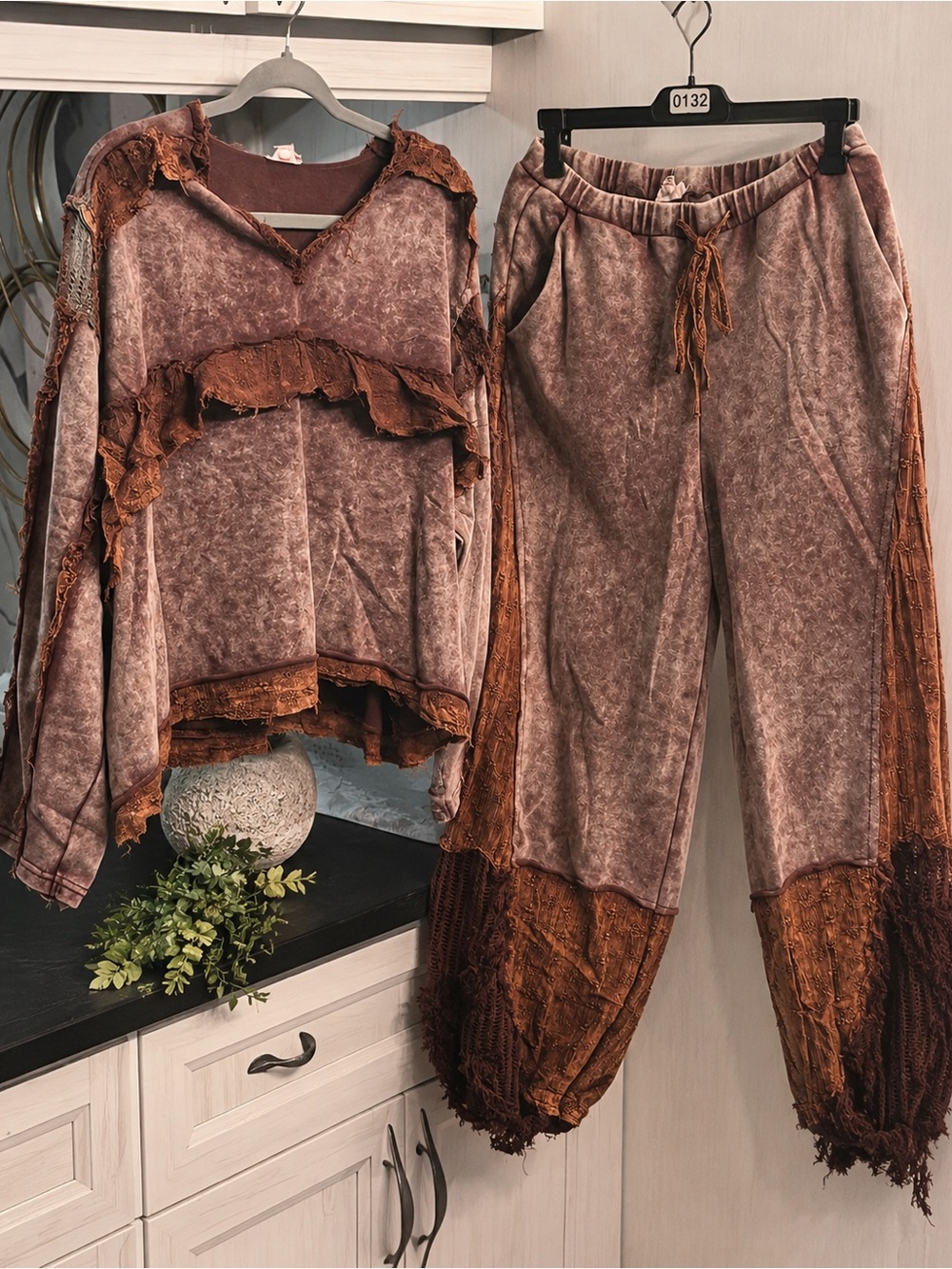Boho Chic Mauve & Brown Set • Textured Patchwork • Vintage-Inspired • One-of-a-K
